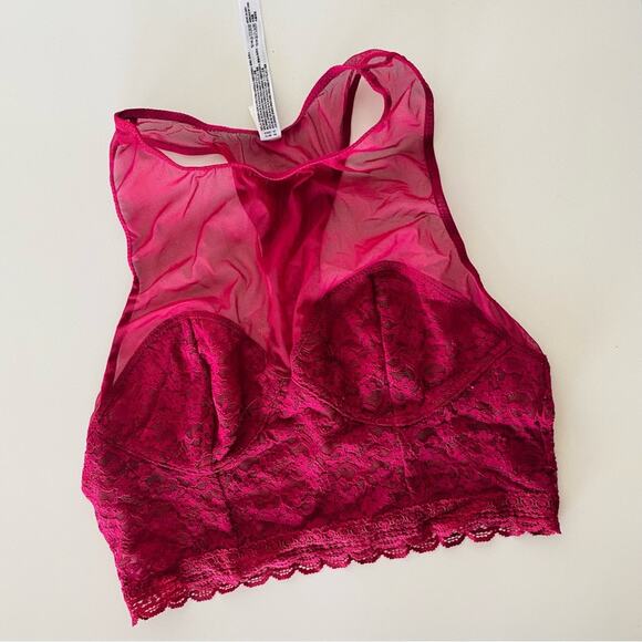 NEW FP FREE PEOPLE Sheer Mesh Racerback Lace Longline Bra Bralette Maroon Wine S - Picture 3 of 7